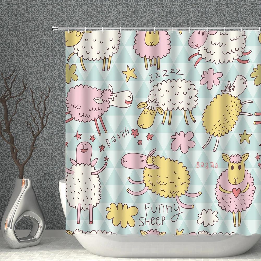 Cartoon Beige Shower Curtain Waterproof Cloth Colour Animal Butterfly White Print Bath Curtains Child Girl Bathroom Screen Set