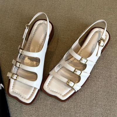 Fashion Fashion Belt Buckle Design White Flat Sandals Women High Quality Comfort Low Heel Roman Sandals Summer Soft Leather Beach Shoes