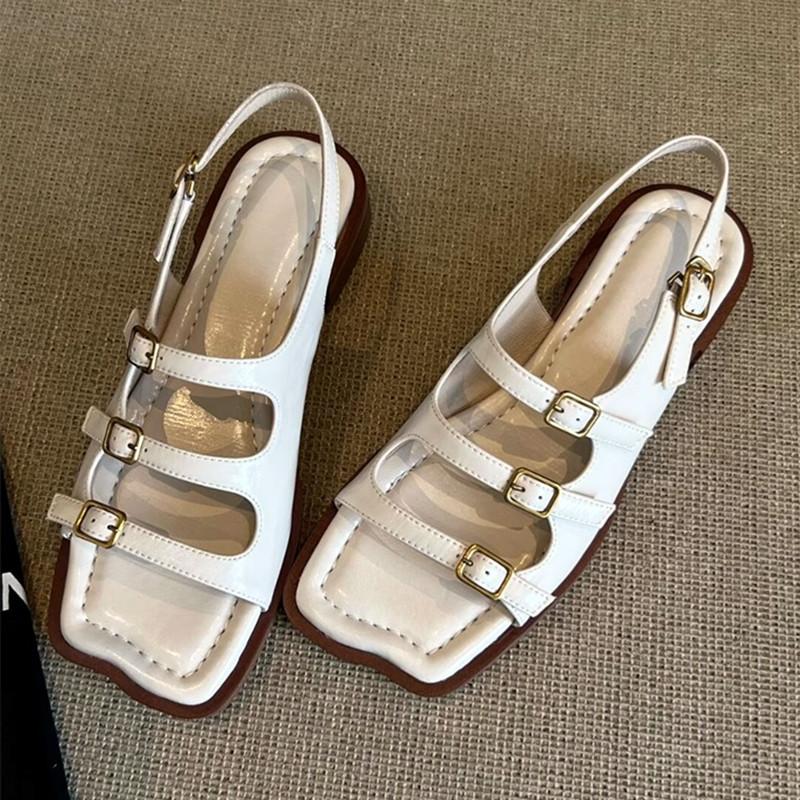 Fashion Fashion Belt Buckle Design White Flat Sandals Women High Quality Comfort  Low Heel Roman Sandals Summer Soft Leather Beach Shoes