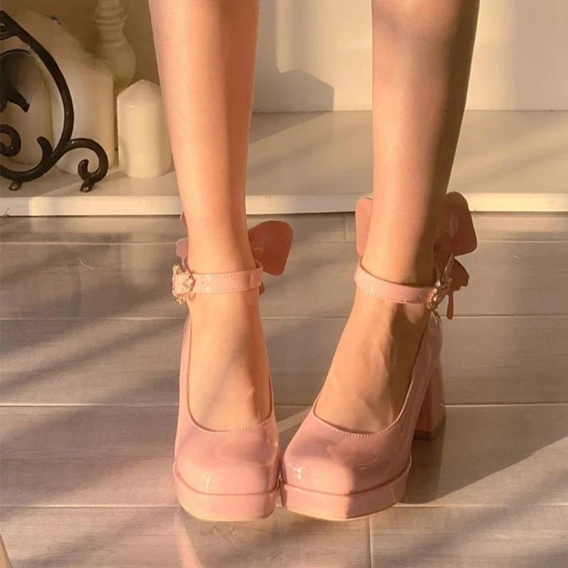 Hochwertige Damen Plateau Mary Jane Schuhe Schnallenriemen Rosa Schleife Lolita Damen High Heels mit Absatz Damen Süße Cosplay Pumps