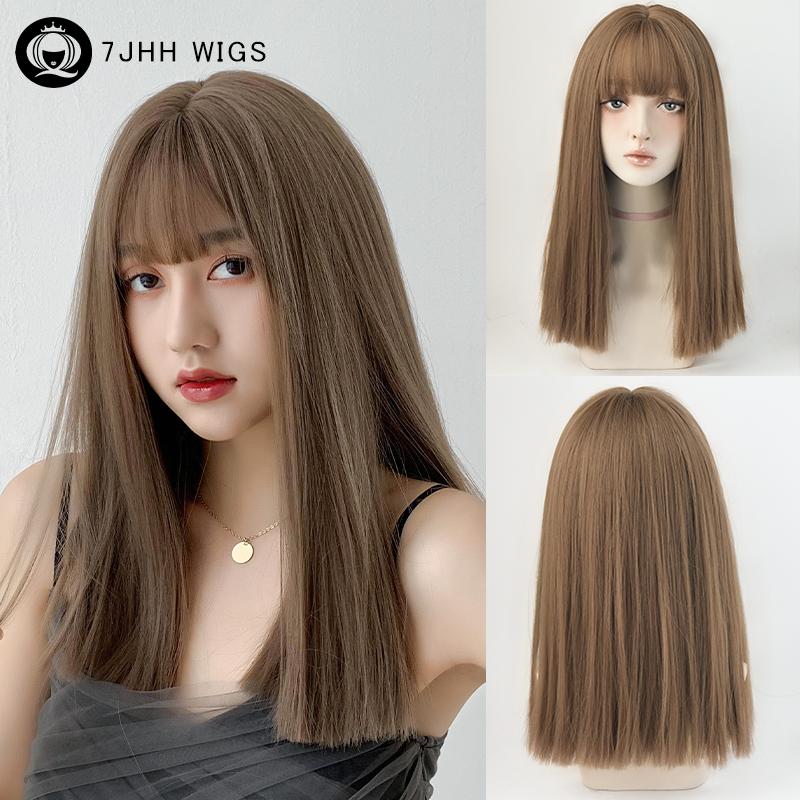 Straight Layered Blonde Wigs With Neat Bangs High Density Synthetic Natural Fake Hair Wig For Women Daily Cosplay Party Wigs