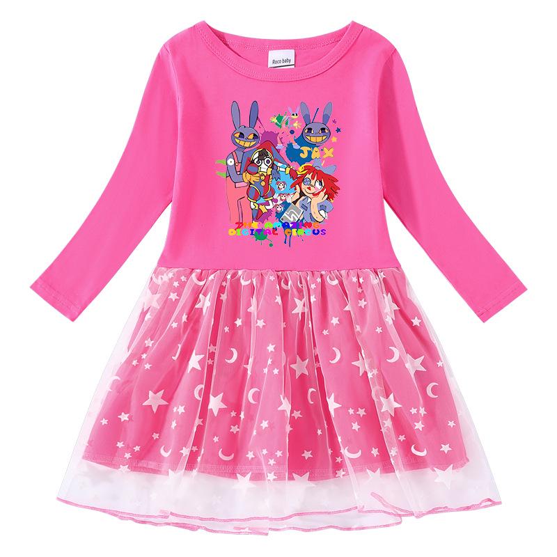 Korean Style Kids' Spring-Autumn Dress: Long Sleeve, Rainbow Star Sequins, Mesh Pleated Princess Design