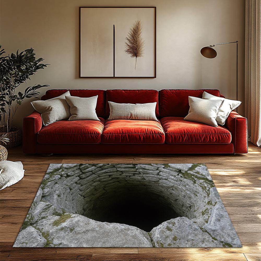 Optical Illusion Well Rug, Deep Pit Design Carpet for Lounge, Plush Non-Slip Mat with Realistic 3D Effect