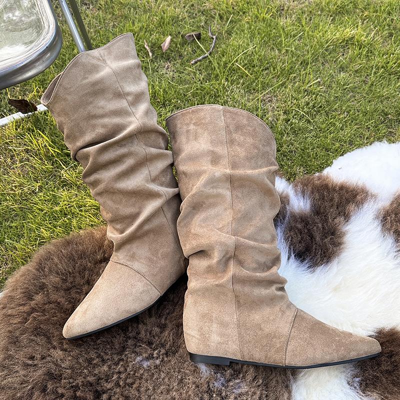 Modă Stil Nou Lux Calitate Înaltă Cizmă Plisată Femei Negru Nud Turmă Faux Suede Cizmă Peste Genunchi Dama Plat Toamnă Iarnă Pantof de Rochie