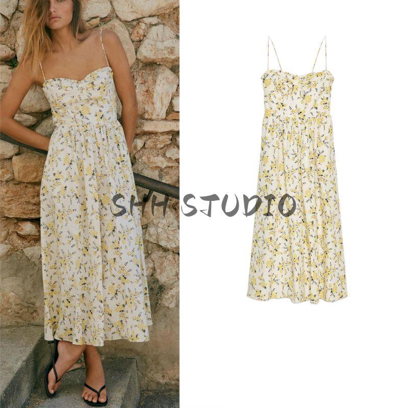 Summer New Product Women's Clothes Laminated Decoration Heart-Shaped Collar Flower Print Poplin Midi Skirt Dress 8155408