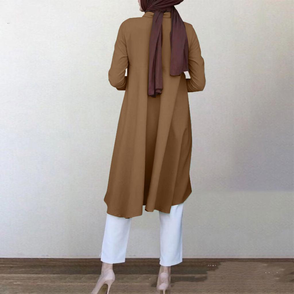 Muslim Women's Lapel Wrap Button Placket Swallowtail Curved Hem Multicolor Long Sleeve Women's Shirt Dresses