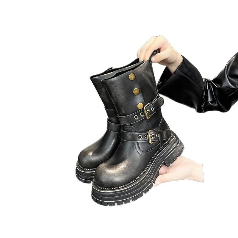 Leather Platform Maillard Medium Tube Short Boots Women's 2025 New British Style Retro Two-wear Martin Boots