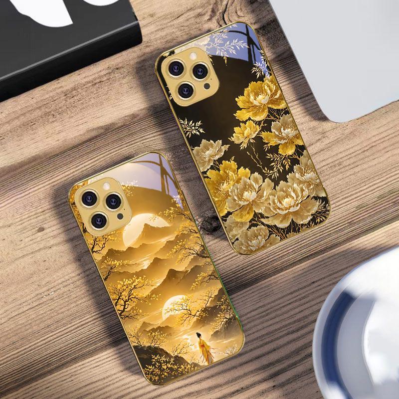 Golden Flowers And Phoenixes For IPhone 16 Pro Max 15 P Ro 14 M Ax 13 Plus 12 Mini 11 XS Max XR Golden Tempered Glass Phone Case