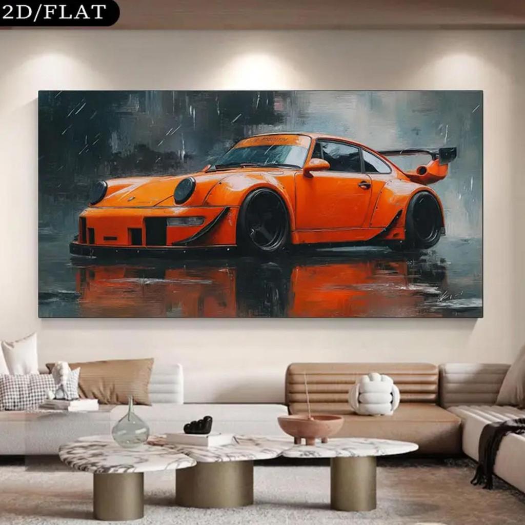 Sports Car Racing Wall Art: Oil Canvas Painting with Pine Wood Frame for Bedroom or Living Room Sofa Background