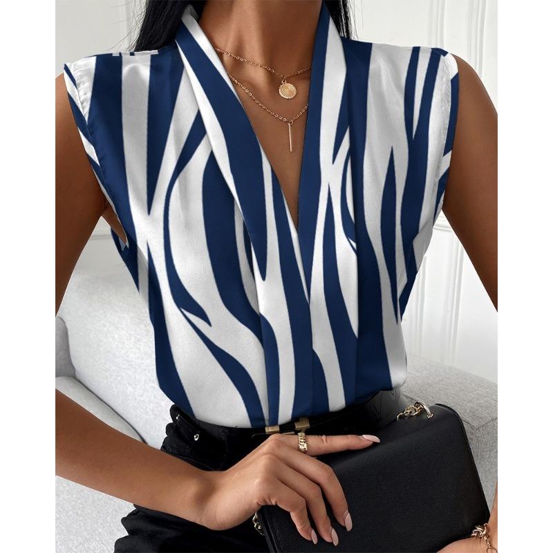 JKASHDK Women's Fashion Casual Summer Spring Colour Block Print Sleeveless V-Neck Blouses & Shirts