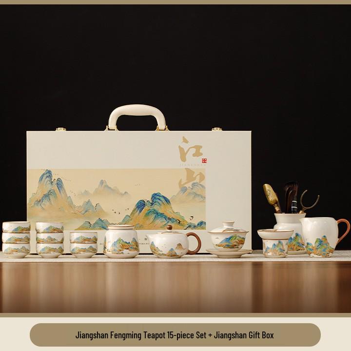 Ru Kiln Light Luxury Tea Set: 'A Thousand Li of Rivers and Mountains' - Complete Teapot and Teacups Gift Box for Elders