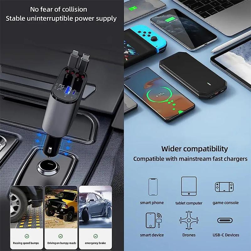 100W 4 IN 1 Retractable Fast Car Charger USB Type C Cable For iPhone Samsung Fast Charge Cord Car Cigarette Lighter Adapter