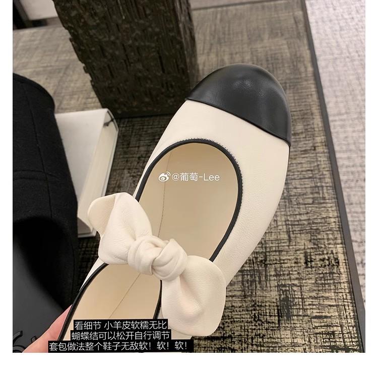 bow splicing round head leather versatile age reduction shallow mouth Mary Jane single shoes women's spring and autumn
