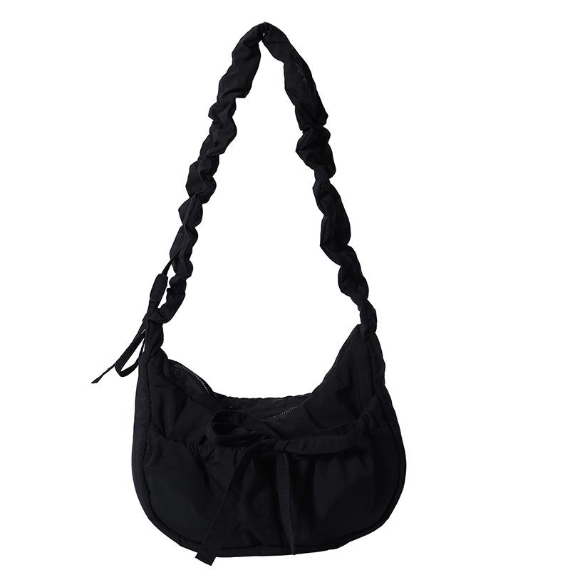 

New niche casual personalized pleated bag lace-up drawstring nylon bag shoulder messenger bag underarm bag 24*20*5 чёрный