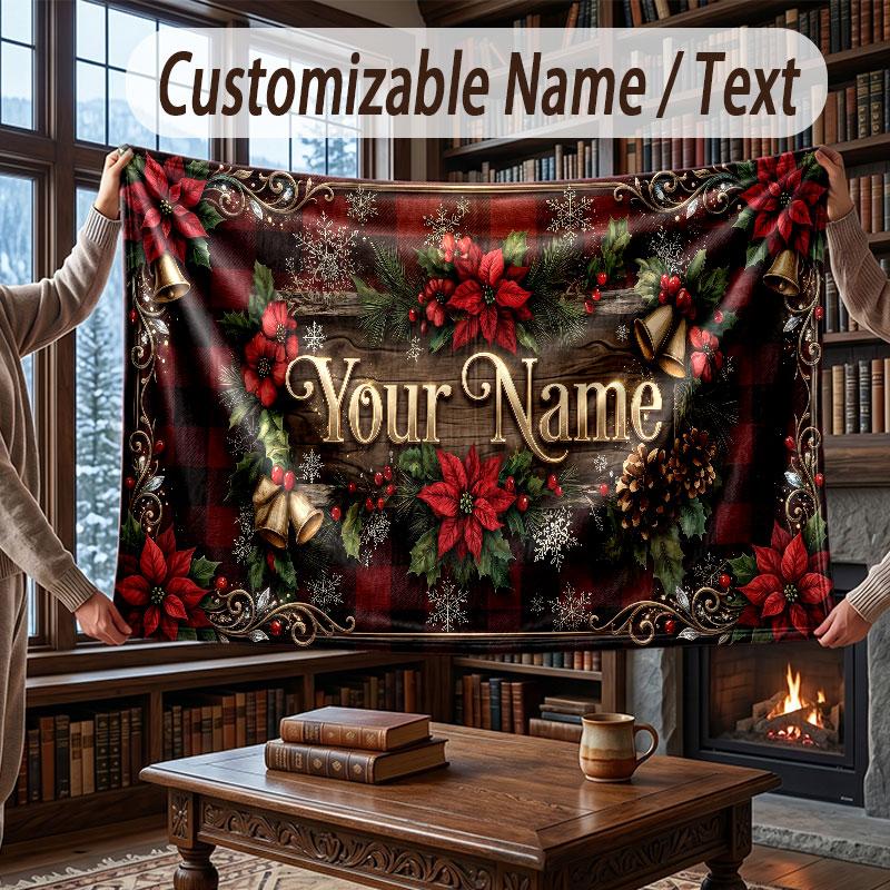 Christmas Winter Theme Throw Blanket Custom Name Text Personalized Blanket Soft Cozy Blanket for Home Sofa Bed