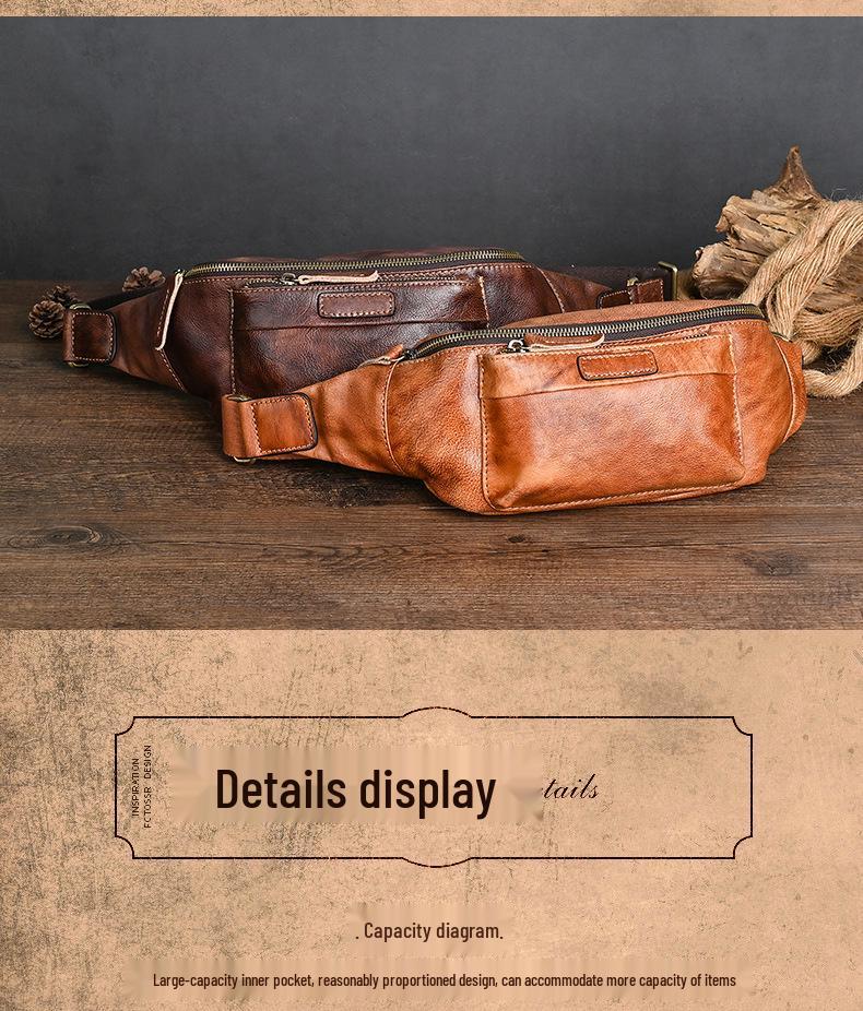 Vintage Chaozhou Hand-Colored Leather Fanny Pack: Retro Genuine Leather Chest Bag with Multi-Pocket Phone Holder