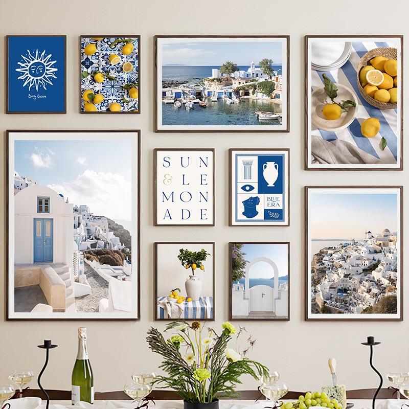 Santorini Sonne Zitronenbaum Vase Abstrakte Landschaft Poster und Drucke Wandkunst Leinwandmalerei Bilder Für Wohnzimmer Heimdekor