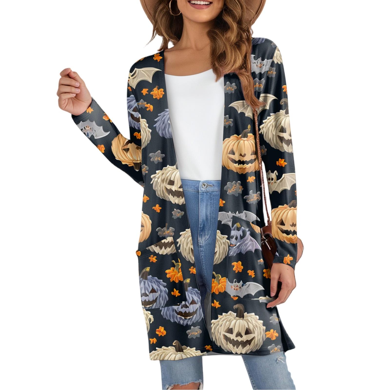 

Women s Fashion Casual Comfortable Halloween Printed Mid-Length Cardigan With Pockets Jacket L чорний