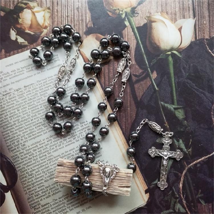 Black Hematite Rosary Necklaces Cross Pendant Church Souvenirs Prayer Long Chain