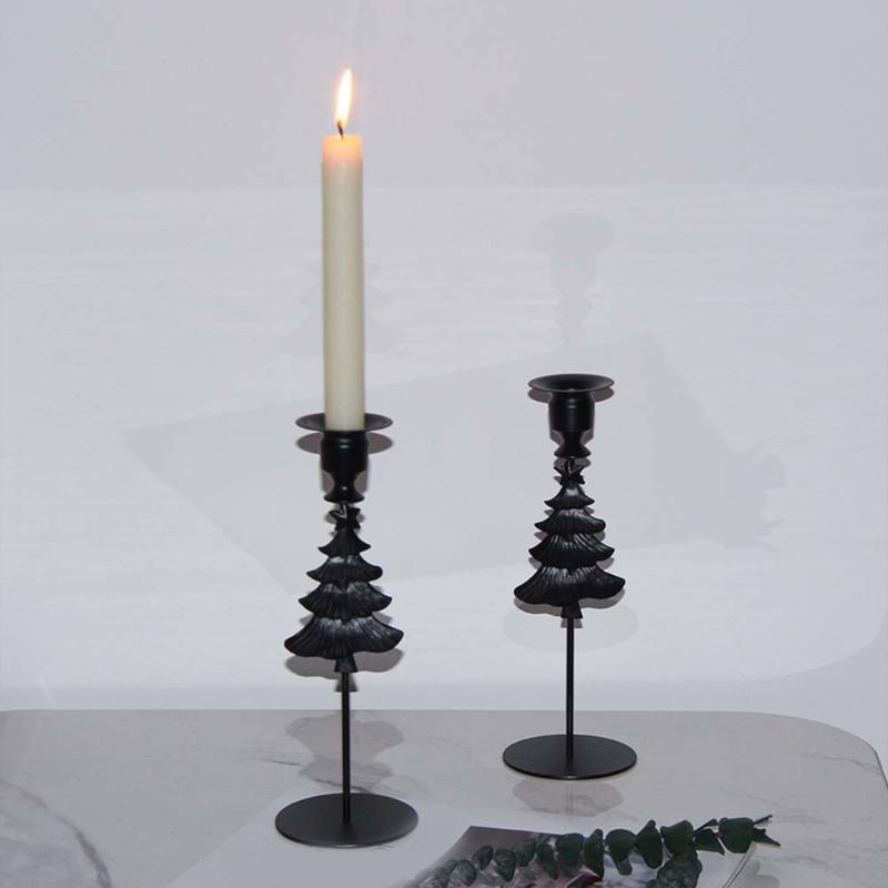 Black Pillar Candle Holder High Footed Metal Christmas Tree Shape Candlestick for Holiday Table Centerpieces Decoration