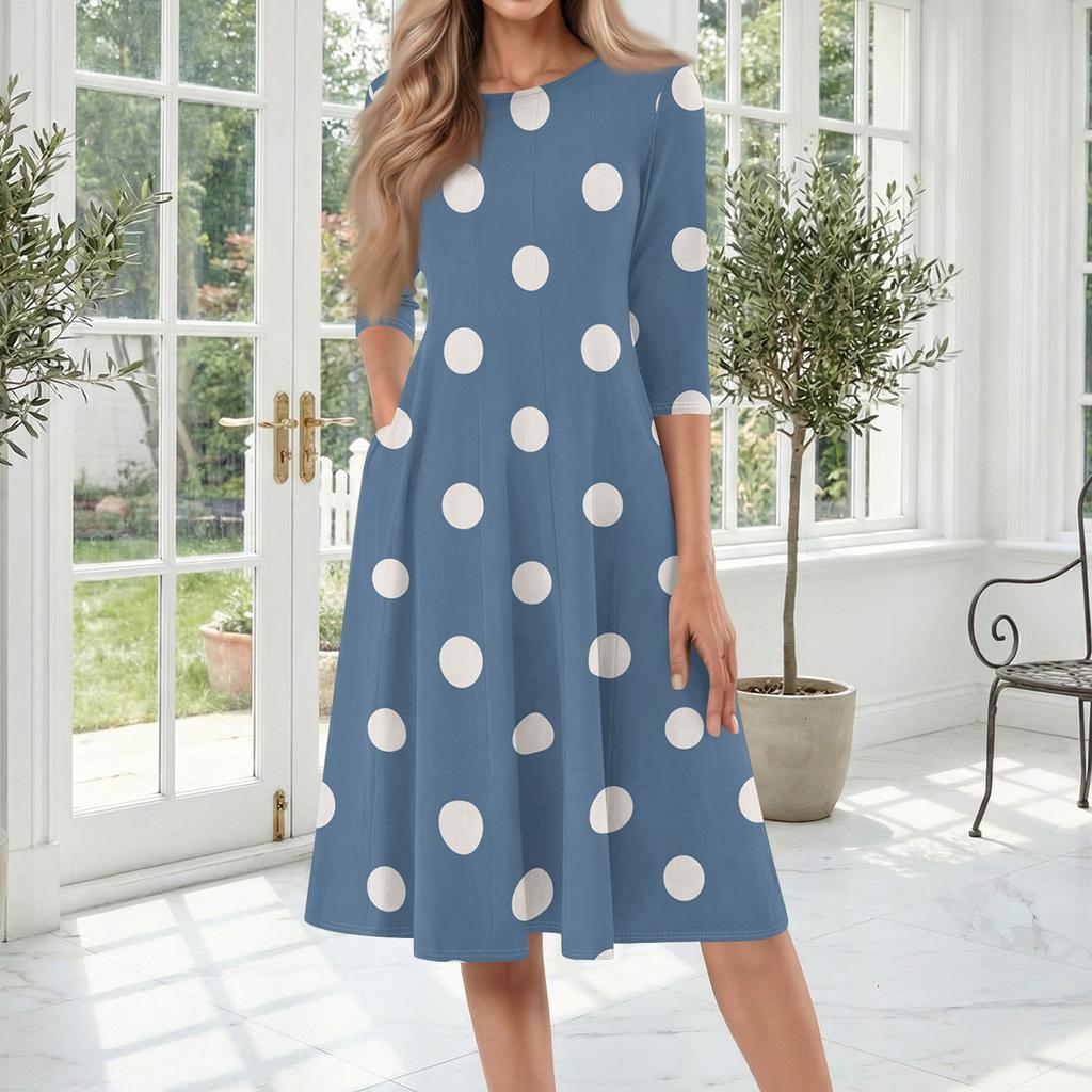 Women's Casual Fashion Round Neck Three Quarter Sleeve Polka Dot Print Mid Length Dress Comfortable Fit Flared Hem Daily Wear