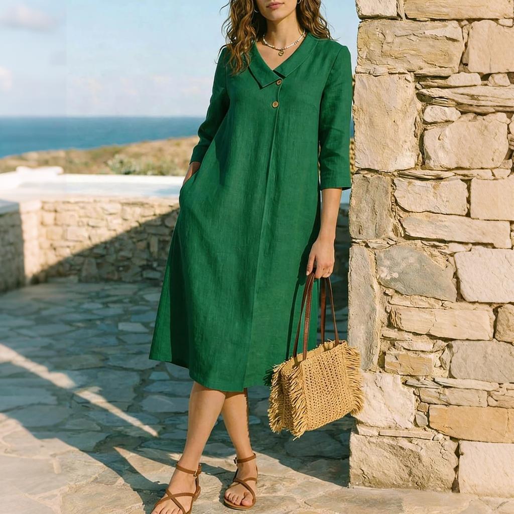 Women Style Lapel Collar Midi Dress Linen Three Quarter Sleeve A Line Vacation Dress with Pockets