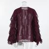 Womens Vintage French Style Ruffle Chiffon Blouse 2025 Elegant Wine Red Round Neck Top