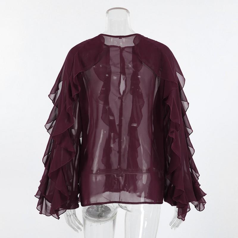 Womens Vintage French Style Ruffle Chiffon Blouse 2025 Elegant Wine Red Round Neck Top