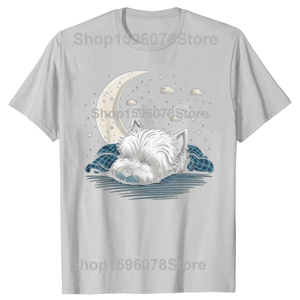 Funny Napping Westie West Highland White Terrier Sleeping T Shirts Men Pure Cotton Humor Tee Shirt Short Sleeve Unisex Clothing