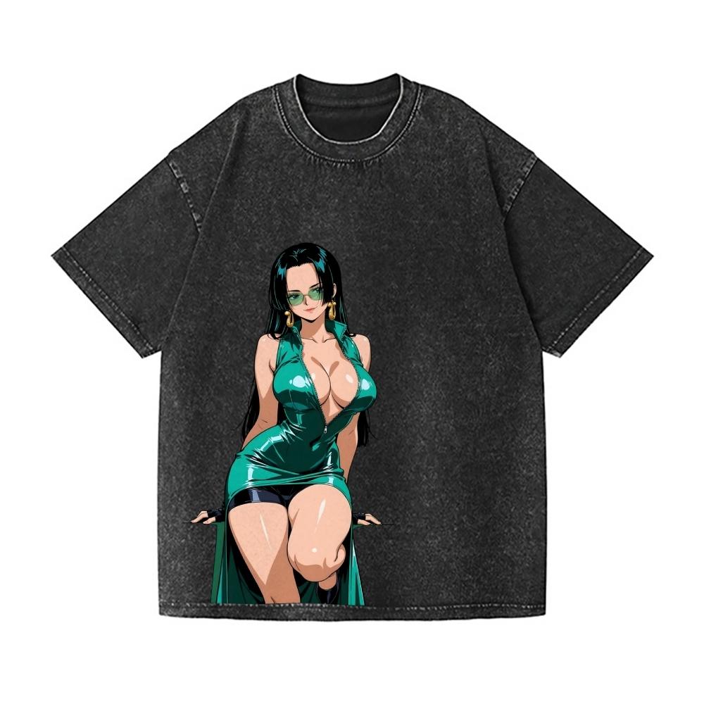 ONE PIECE Boa Hancock Vintage Wash Japanese Design T-Shirt High-quality Streetwear Men's Clothing Women T Shirt