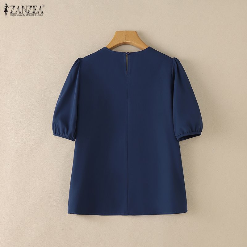 ZANZEA Lässige Bluse mit Rundhalsausschnitt, einfarbig, locker und kurzärmelig für Damen
