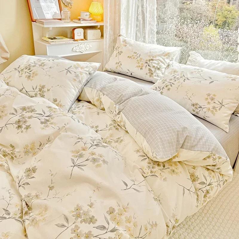 3/4pcs/set 100% Cotton Floral Pattern Duvet Cover Set with Pillowcase Sheet Home Twin Single Queen Size Boys Girls Bedding Sets