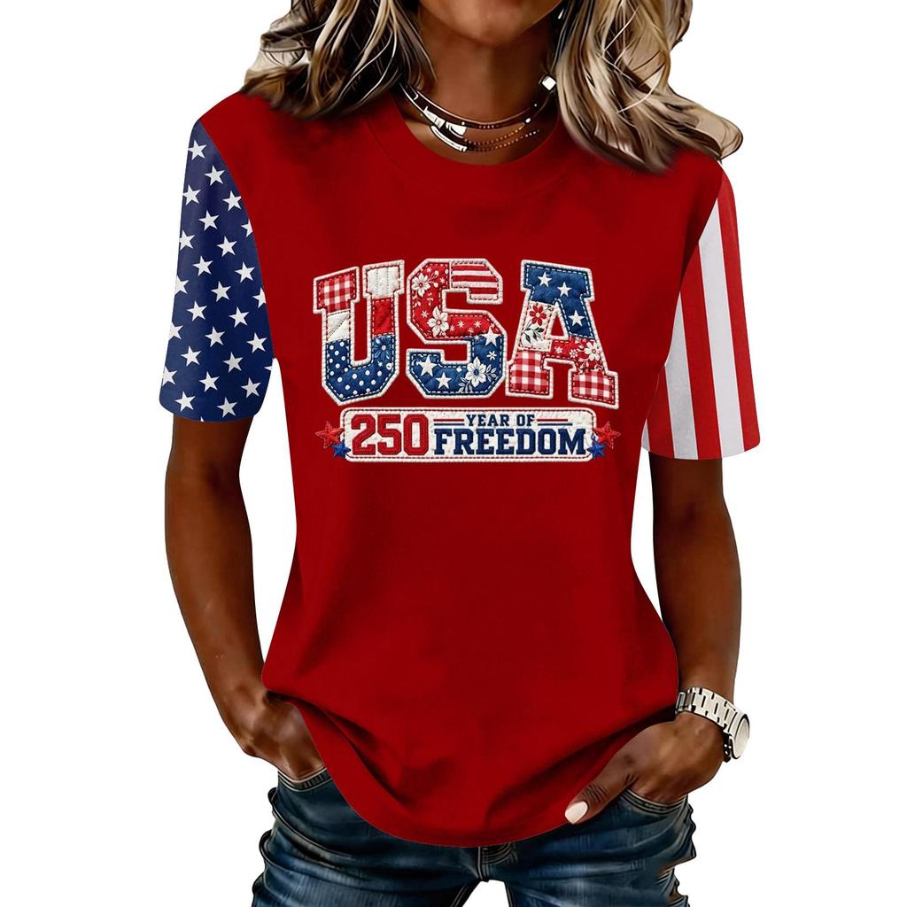 Blusa Feminina da Moda Casual de Manga Curta com Estampa e Gola Redonda