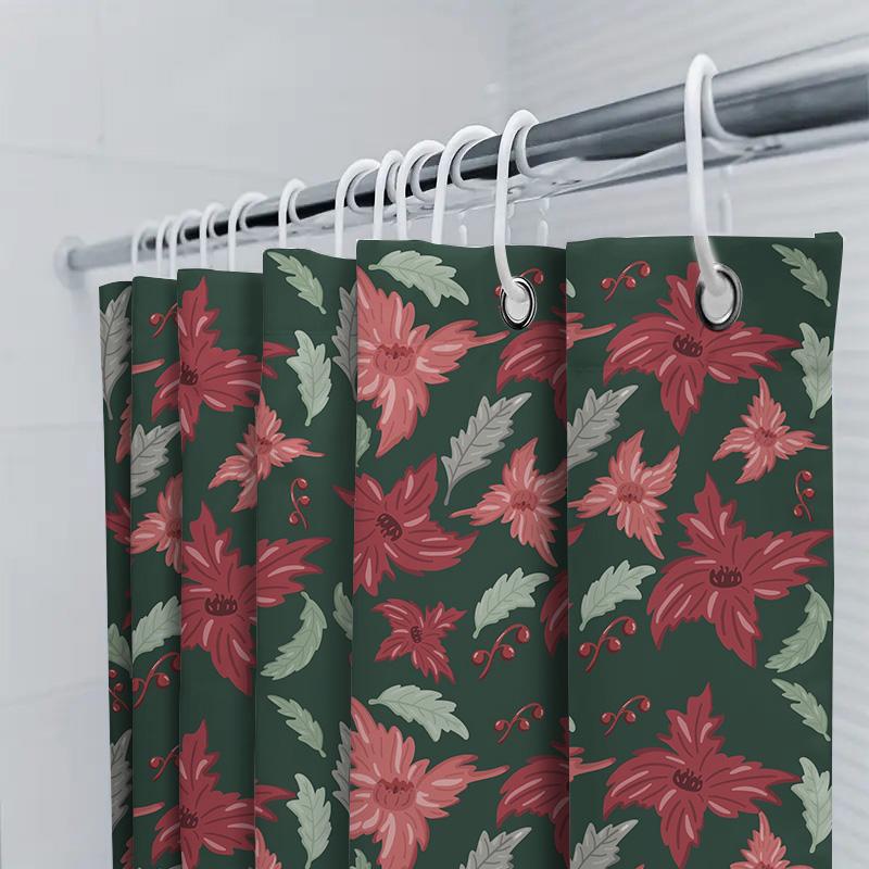 Green Christmas Shower Curtain with Red Poinsettia Floral Pattern, Polyester Fabric, Waterproof Home Decor Item for Bathtub Size