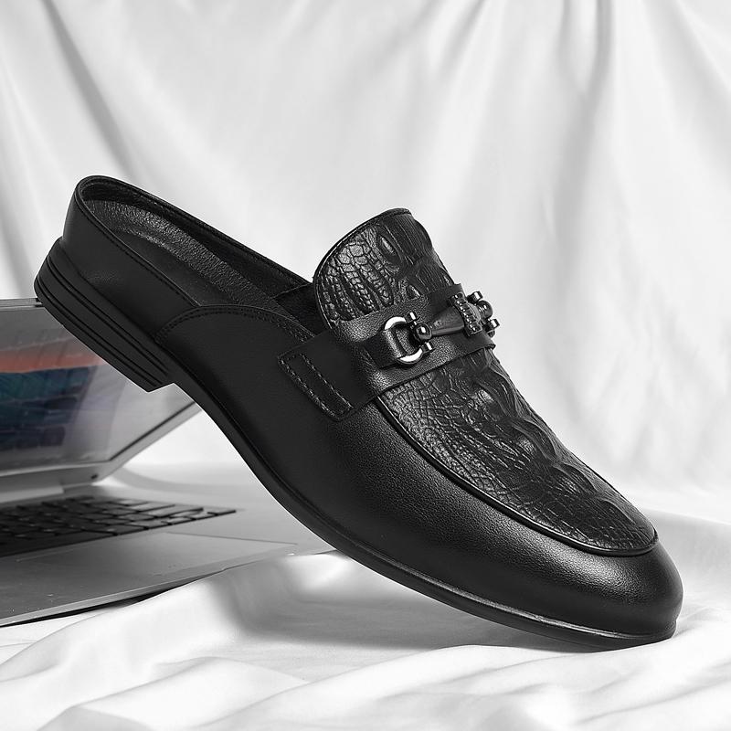 

Новые черные полуботинки из натуральной кожи для мужчин, повседневная обувь, модные дизайнерские туфли класса люкс, брендовые туфли-лоферы Baotou Half Toe Shoes 44 чёрный