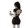 Sexy square neck short sleeve back hollow dress women's summer new Spice Girl slim temperament hip skirt