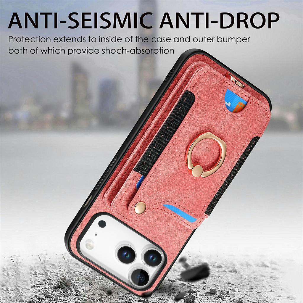 For iPhone 17 Pro Retro PU Leather Case Phone Cover with RFID Blocking Card Holder   /   Ring Holder