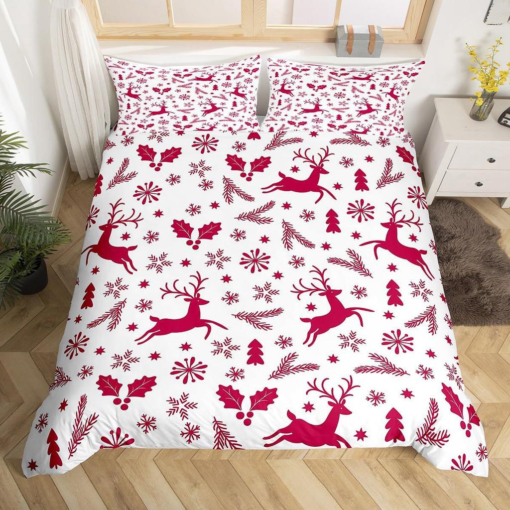 Red Three-Piece Quilt Cover Digital Printing Bedding Set Christmas Elk Snowflake Bed Cover