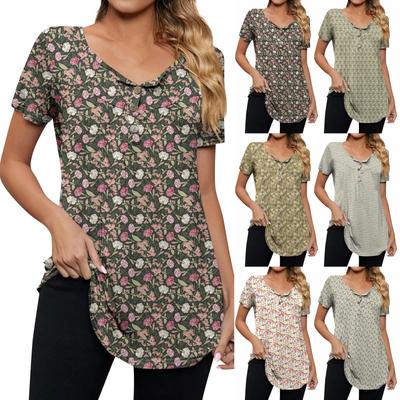 Modisches, lässiges, kurzärmliges T-Shirt-Oberteil mit V-Ausschnitt und Blumendruck für Damen