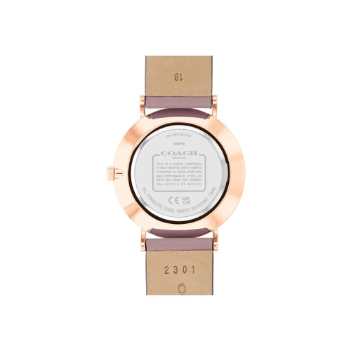 Officially Licensed COACH Women's Perry Watch 14503924, 36mm Rose Gold Case with Purple SIG C Embellishing Dial and Leather Strap