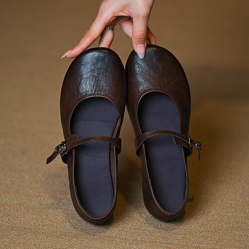 Fashion 2025 New Spring Women Flats Round Toe Women Shoes Fashion Flat Heels Mary Janes Ladies Shoes Genuine Leather Retro Brown Shoes