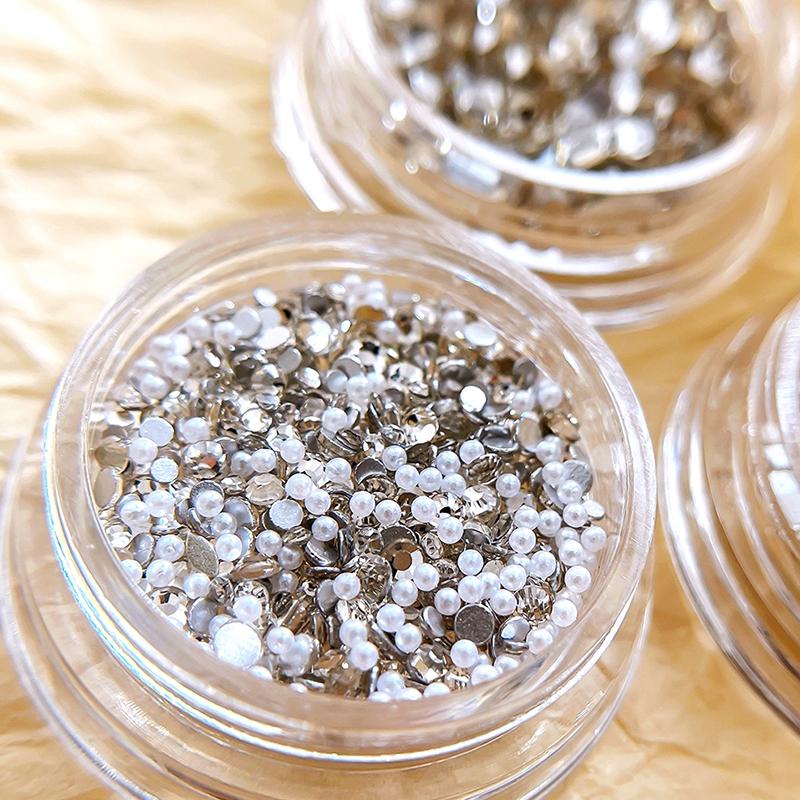 1Box Diy Nail Art Decor Sparkling White Diamond Zircon Pearl Mixed Nail Drill Flat Nail Jewelry Manicure Diamond Manicure Design