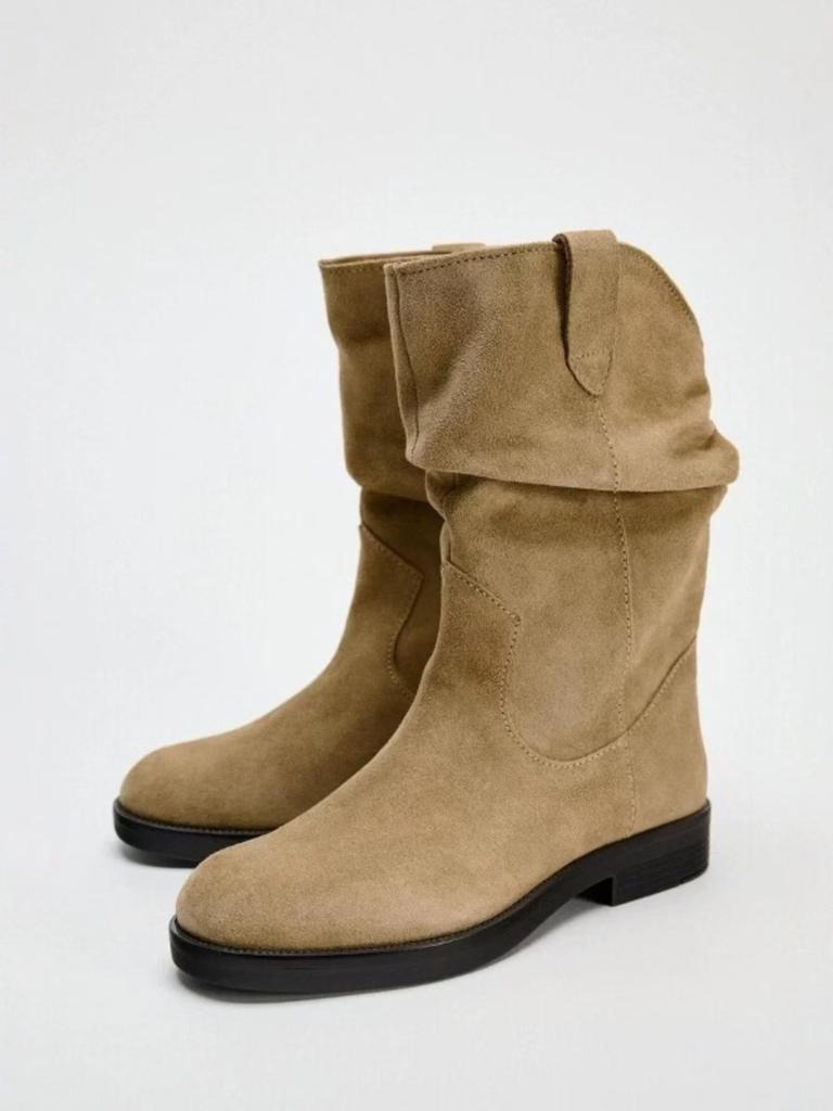 Vintage Maillard Round Head Western Cowboy Boots Thick Heel Thick Sole Medium Boots Women's Autumn and Winter Pile Pile Boots Women's Boots