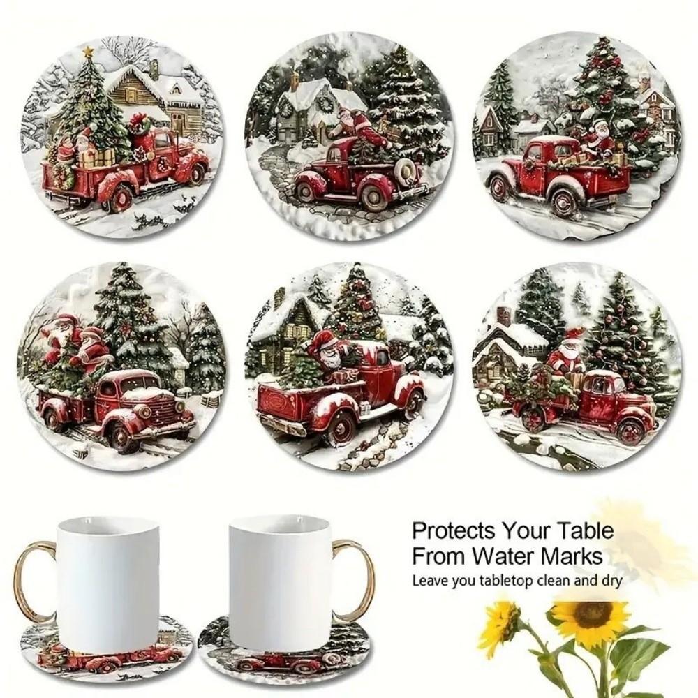6pcs Wooden Santa Claus Coaster Snowman Coffee Cup Mat Christmas Drink Coaster  Seasonal Decor