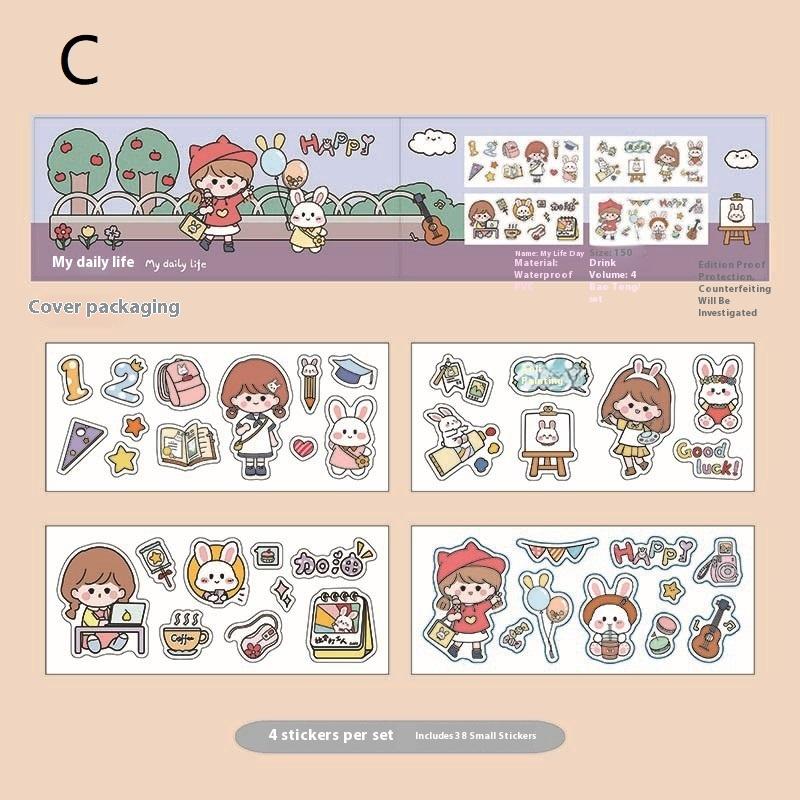 4 Sheets Cartoon Stickers Cute Pvc Notebook Waterproof Hand Account Stickers Thermos Cup Sticker Diy Decorative Stickers C