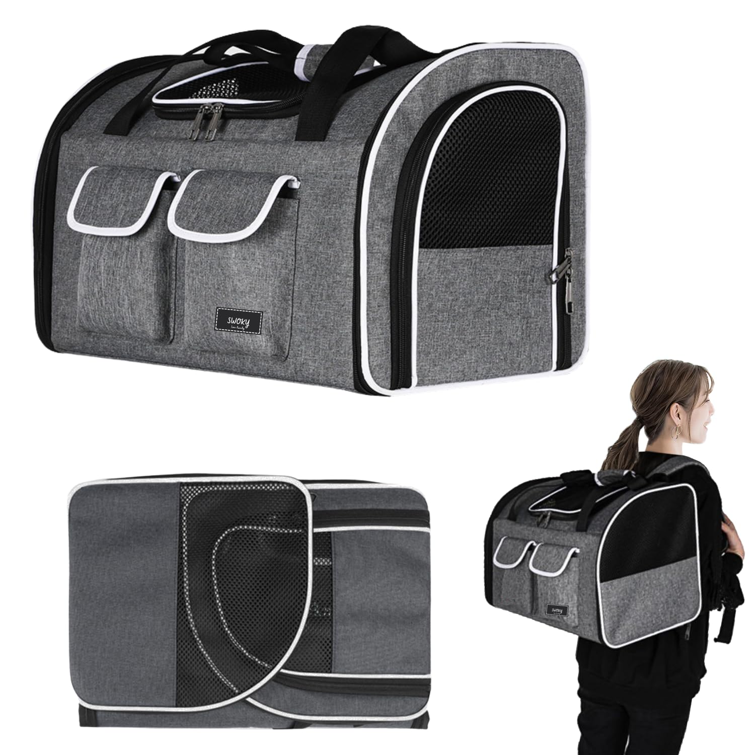 

SWOKY Pet Carrier Bag for Dogs and Cats, Cart Set, 50cm Wide x 30cm Deep x 33cm High, Fits 2 Pets, 3-Way Backpack