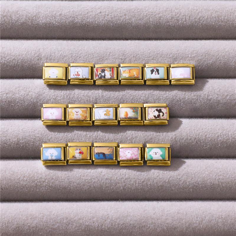 New Lovely Cat Dog Flowers Gold Color Italian Charm Links Fit 9MM Stainless Steel Bracelet Women Men DIY Making Christmas Gifts