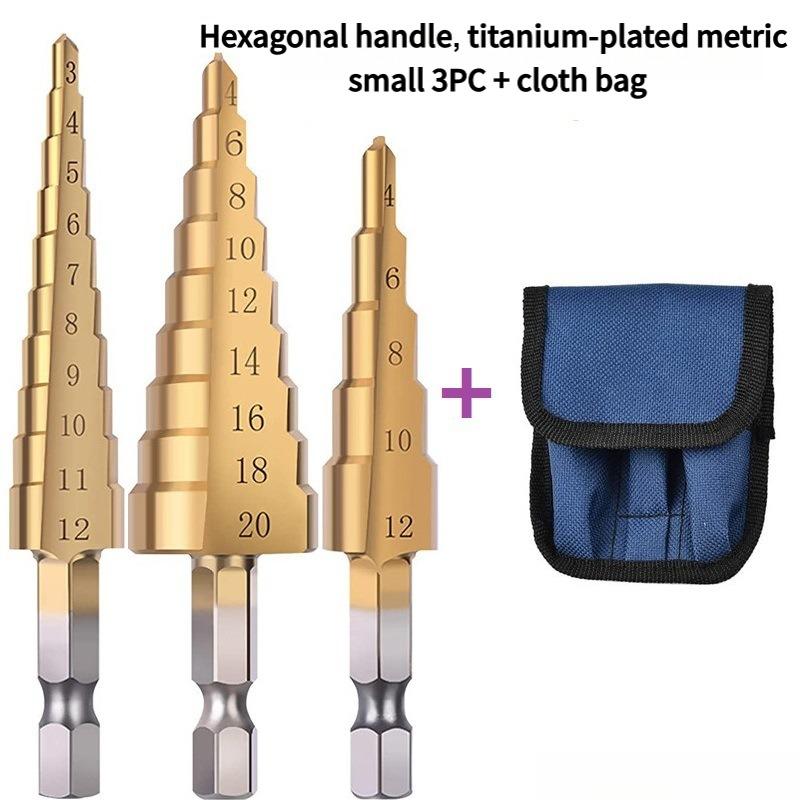 3PC Step Drill Bit Set - Metric & Imperial Sizes, Hex Shank Cone Cutter for Thin Metal & Plastic, 3 Sizes Titanium Coated