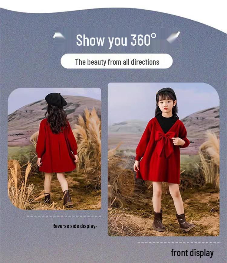 Girls' Red Faux Two-Piece Knitted Dress, 2025 Style, Autumn/Winter Fashion for Big Girls