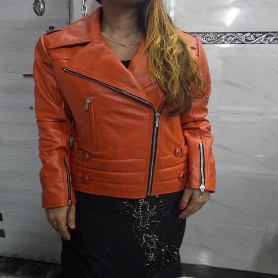 Noora Womens Lambskin Orange Leather Jacket | Stylish Motorcycle Biker Rider Jacket | Slim Fit Winter Party Jacket | Best Gift for Her